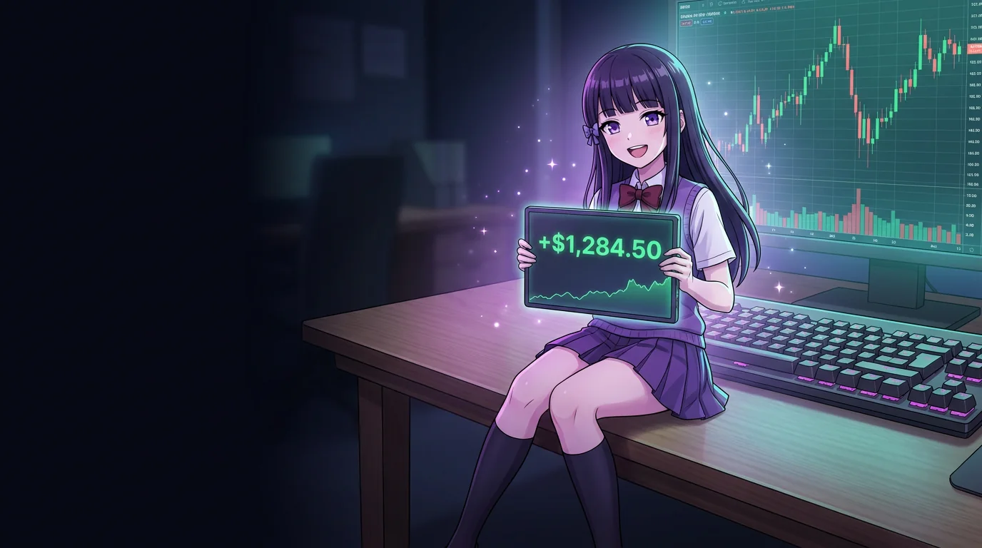 Tsuki as an anime character, sitting on the edge of a trader's desk and holding up a glowing screen