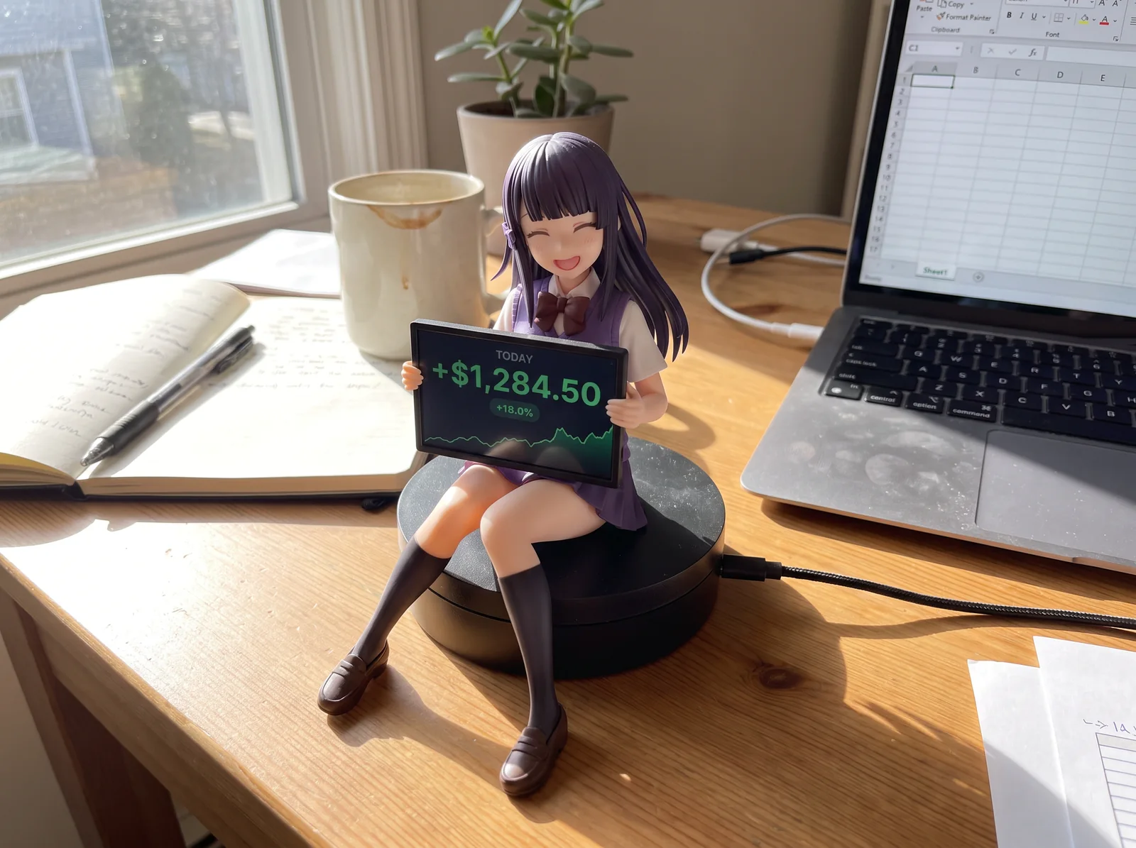 Deskpet on a sunny desk next to a laptop, a notebook and a coffee mug